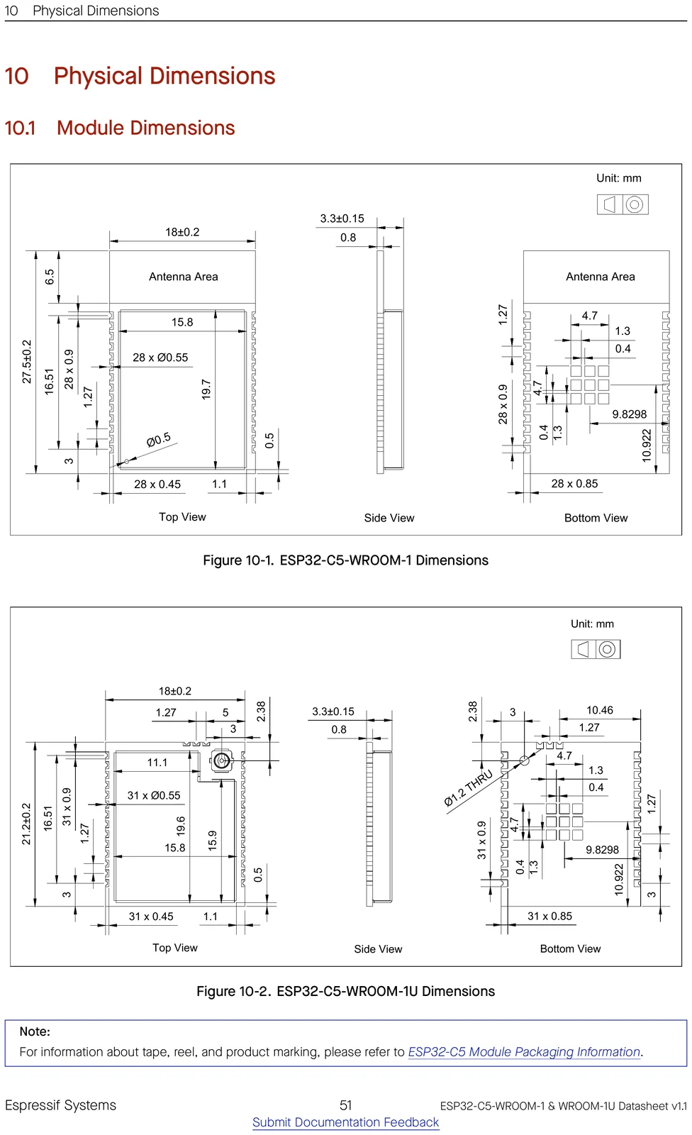 ESP32-C5-WROOM-1 physical dimensions drawing