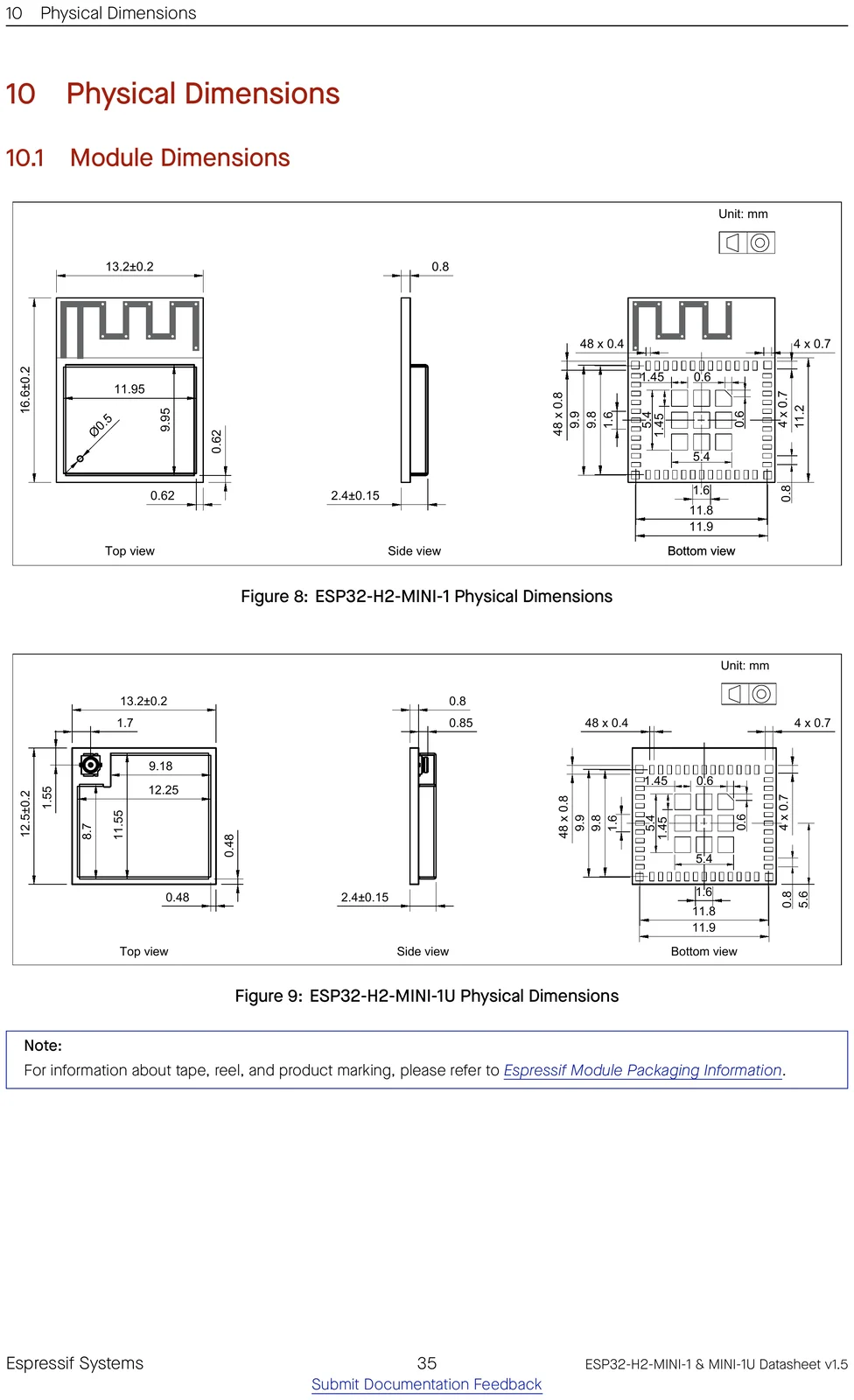 ESP32-H2-MINI-1 physical dimensions drawing