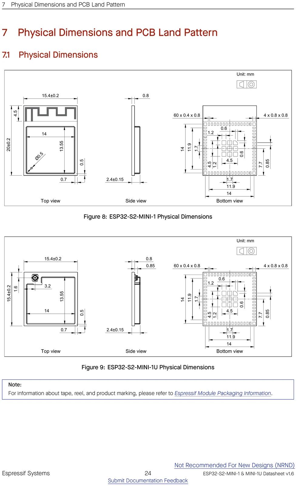 ESP32-S2-MINI-1 physical dimensions drawing