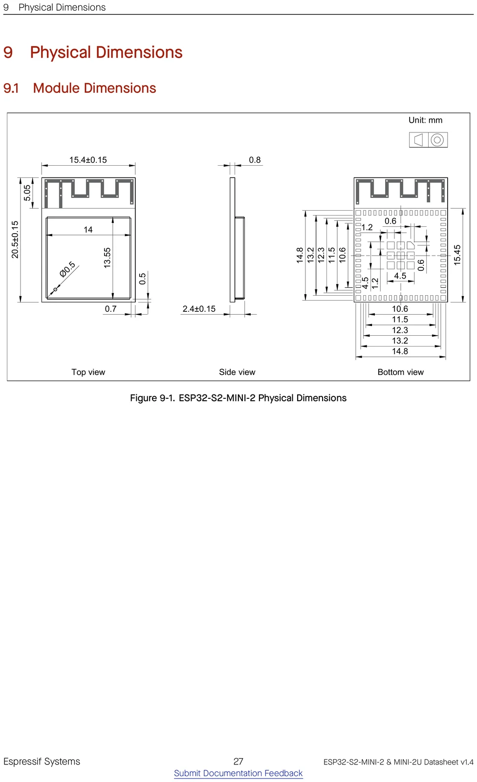 ESP32-S2-MINI-2 physical dimensions drawing