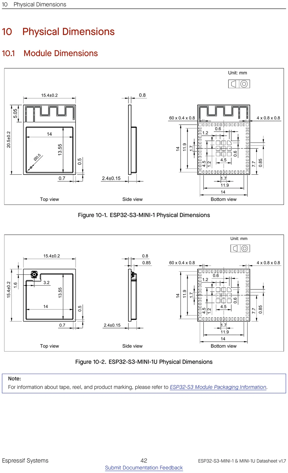 ESP32-S3-MINI-1 physical dimensions drawing