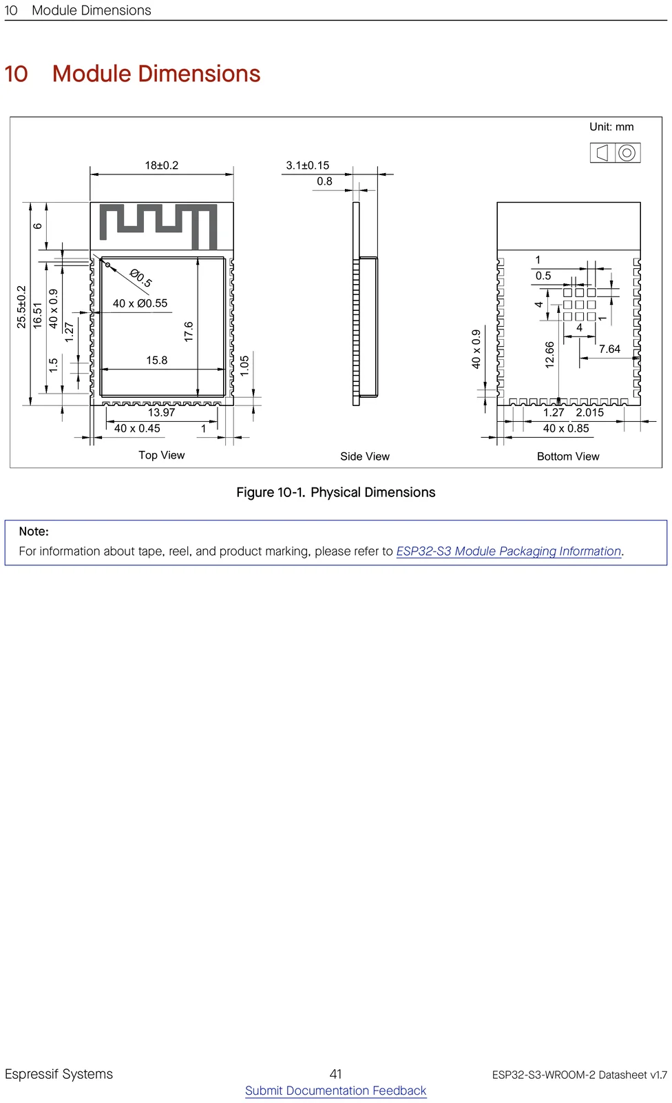ESP32-S3-WROOM-2 physical dimensions drawing
