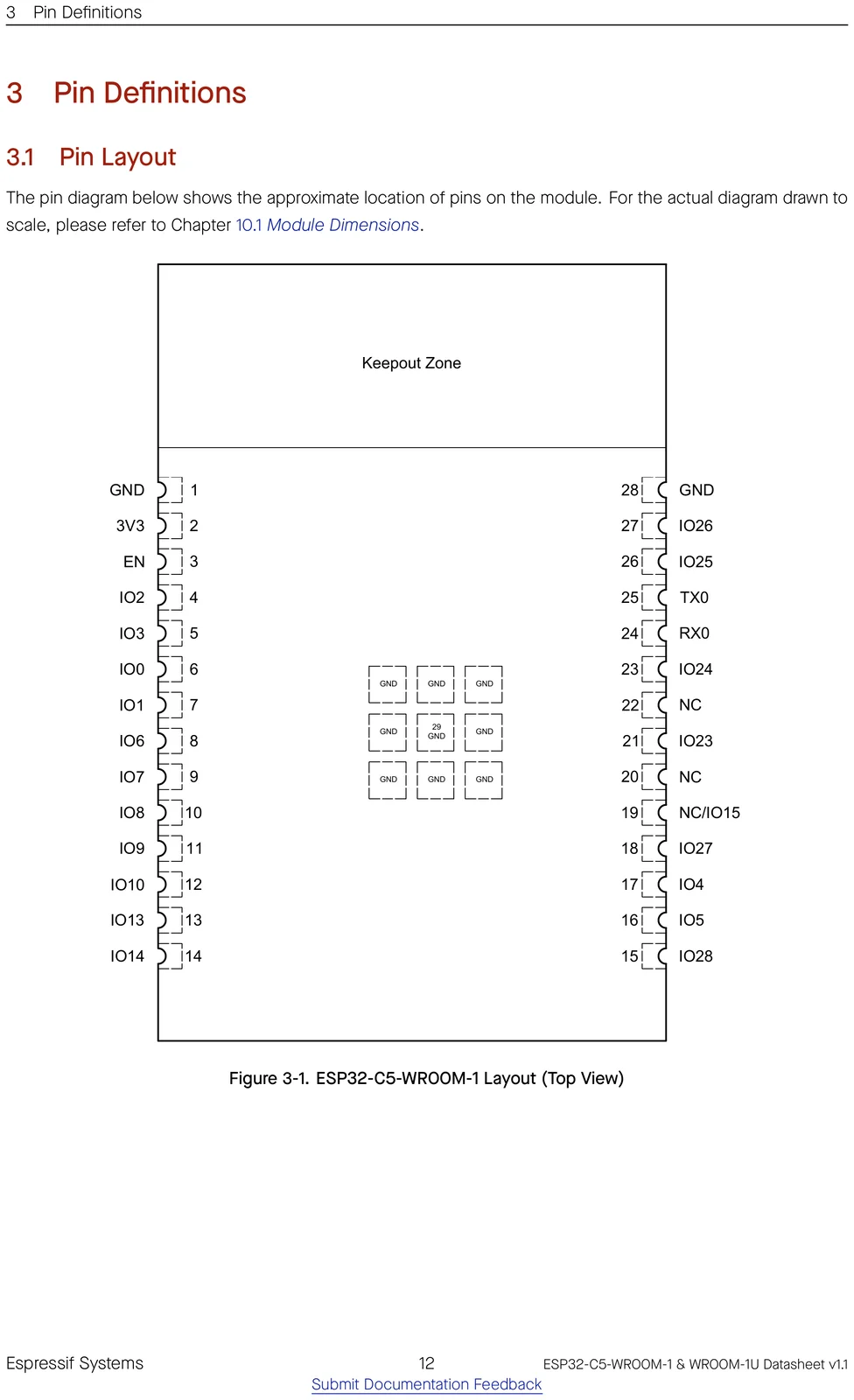 ESP32-C5-WROOM-1 datasheet pin layout (top view)
