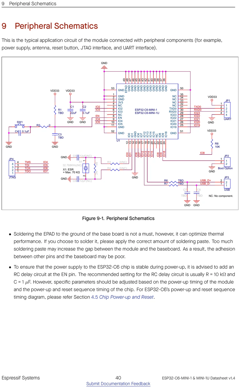 ESP32-C6-MINI-1 peripheral / application schematic showing how to wire the module
