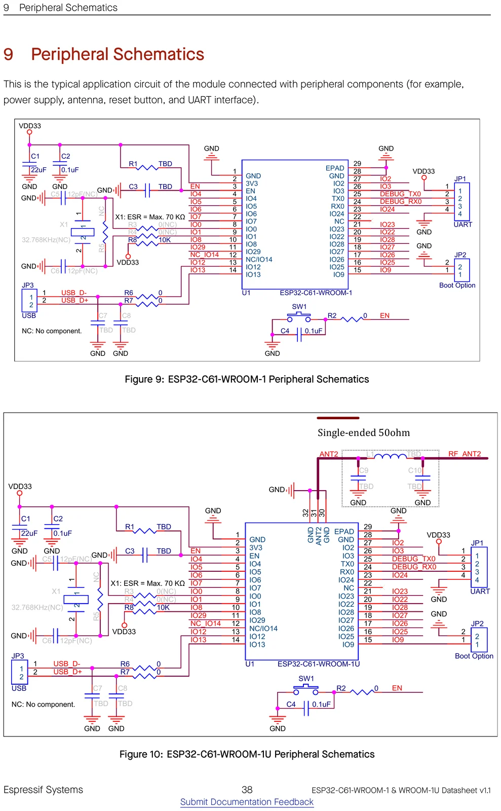 ESP32-C61-WROOM-1 peripheral / application schematic showing how to wire the module