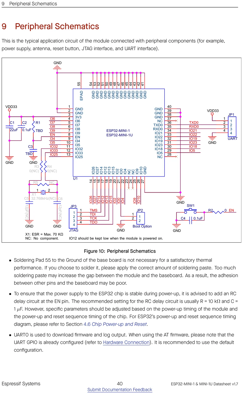 ESP32-MINI-1 peripheral / application schematic showing how to wire the module