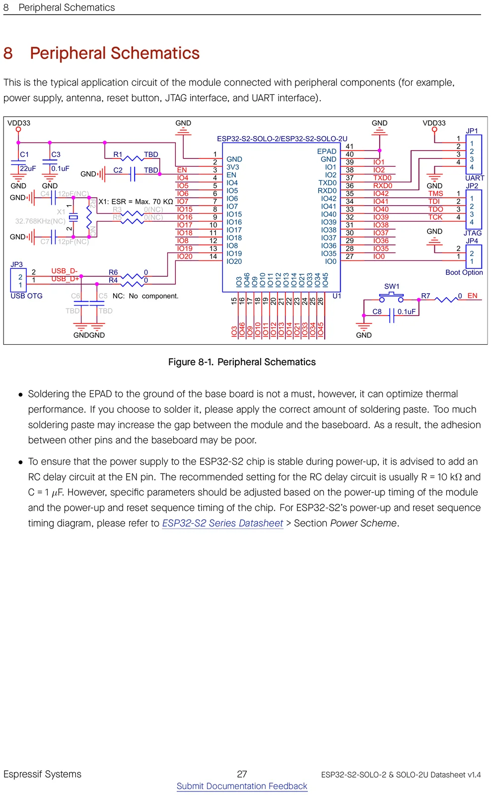 ESP32-S2-SOLO-2 peripheral / application schematic showing how to wire the module